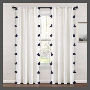 Lush Decor - 84"x52" Boho Faux Linen Texture Tassel Rod Pocket  Navy